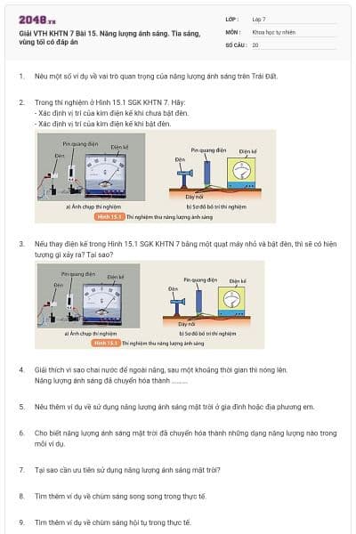 Giải VTH KHTN 7 Bài 15. Năng lượng ánh sáng. Tia sáng, vùng tối có đáp án