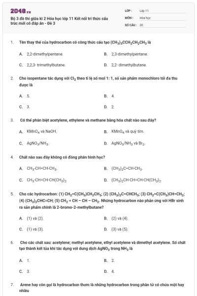 Bộ 3 đề thi giữa kì 2 Hóa học lớp 11 Kết nối tri thức cấu trúc mới có đáp án - Đề 3