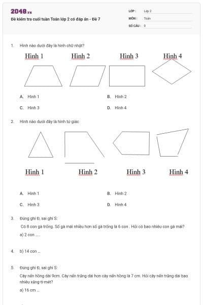 Đề kiểm tra cuối tuần Toán lớp 2 có đáp án - Đề 7