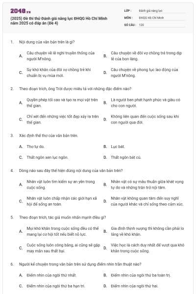 (2025) Đề thi thử Đánh giá năng lực ĐHQG Hồ Chí Minh năm 2025 có đáp án (Đề 4)