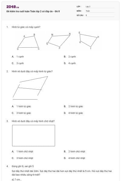 Đề kiểm tra cuối tuần Toán lớp 2 có đáp án - Đề 8