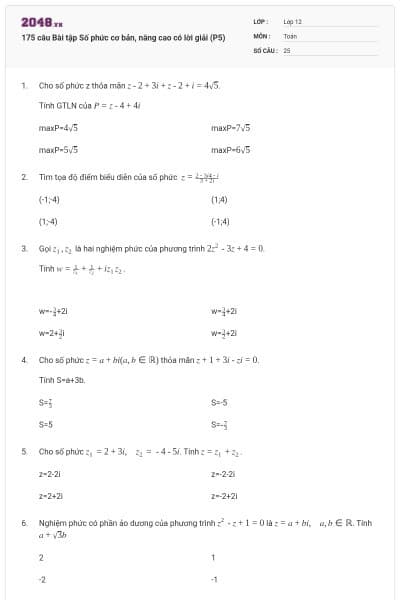 175 câu  Bài tập Số phức cơ bản, nâng cao có lời giải (P5)