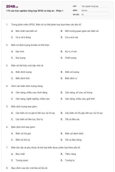 175 câu trắc nghiệm tổng hợp SPSS có đáp án - Phần 1