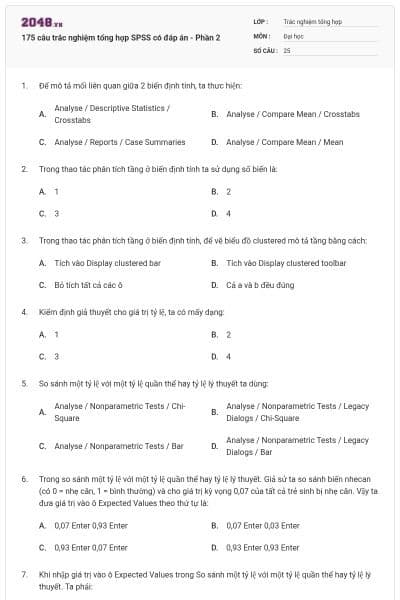 175 câu trắc nghiệm tổng hợp SPSS có đáp án - Phần 2