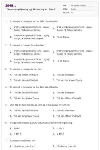 175 câu trắc nghiệm tổng hợp SPSS có đáp án - Phần 3