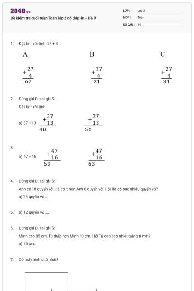 Đề kiểm tra cuối tuần Toán lớp 2 có đáp án - Đề 9