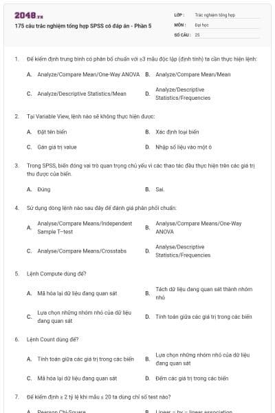 175 câu trắc nghiệm tổng hợp SPSS có đáp án - Phần 5