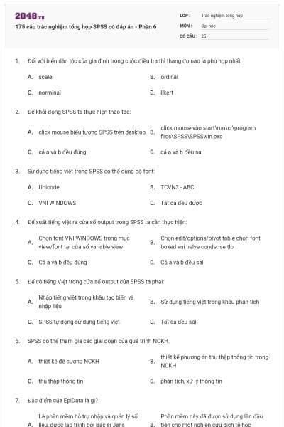 175 câu trắc nghiệm tổng hợp SPSS có đáp án - Phần 6