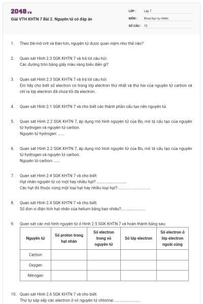 Giải VTH KHTN 7 Bài 2. Nguyên tử có đáp án