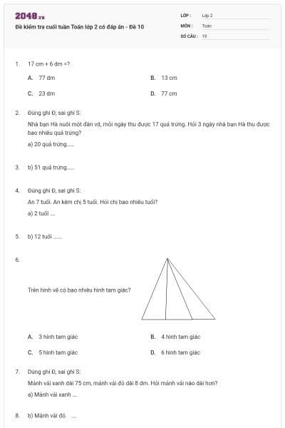 Đề kiểm tra cuối tuần Toán lớp 2 có đáp án - Đề 10