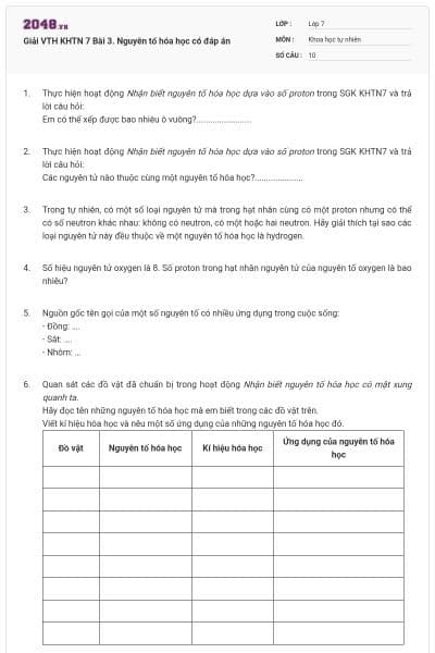 Giải VTH KHTN 7 Bài 3. Nguyên tố hóa học có đáp án