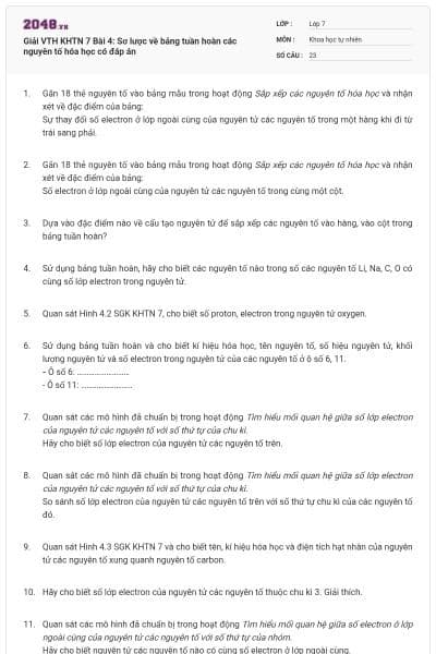 Giải VTH KHTN 7 Bài 4: Sơ lược về bảng tuần hoàn các nguyên tố hóa học có đáp án