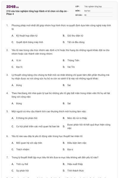 210 câu trắc nghiệm tổng hợp Hành vi tổ chức có đáp án - Phần 4