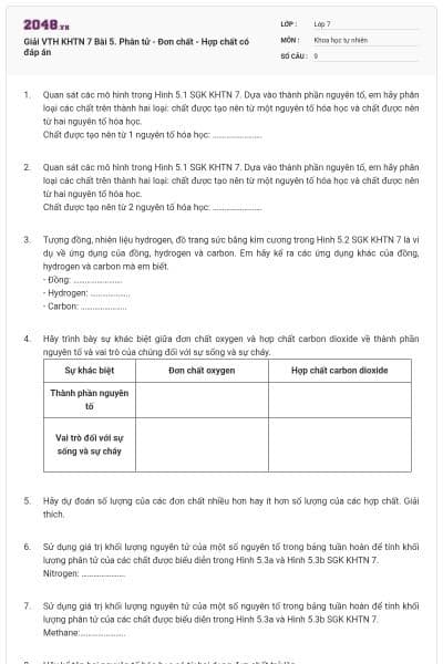 Giải VTH KHTN 7 Bài 5. Phân tử - Đơn chất - Hợp chất có đáp án