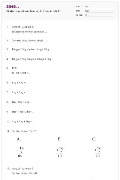 Đề kiểm tra cuối tuần Toán lớp 2 có đáp án - Đề 11