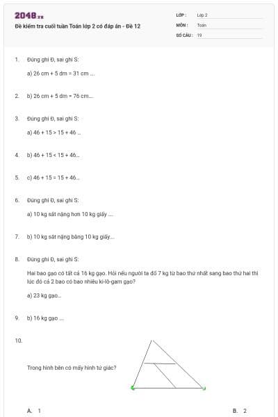 Đề kiểm tra cuối tuần Toán lớp 2 có đáp án - Đề 12