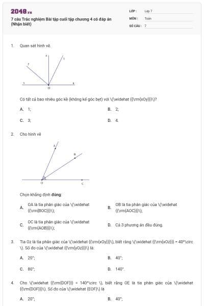 7 câu Trắc nghiệm Bài tập cuối tập chương 4 có đáp án (Nhận biết)
