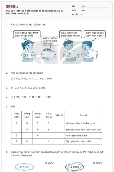 Giải SBT Toán lớp 3 Bài 45: Các số có bốn chữ số. Số 10 000 ( Tiết 1) có đáp án