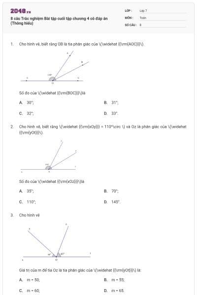 8 câu Trắc nghiệm Bài tập cuối tập chương 4 có đáp án (Thông hiểu)