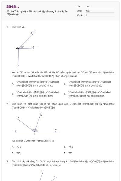 20 câu Trắc nghiệm Bài tập cuối tập chương 4 có đáp án (Vận dụng)