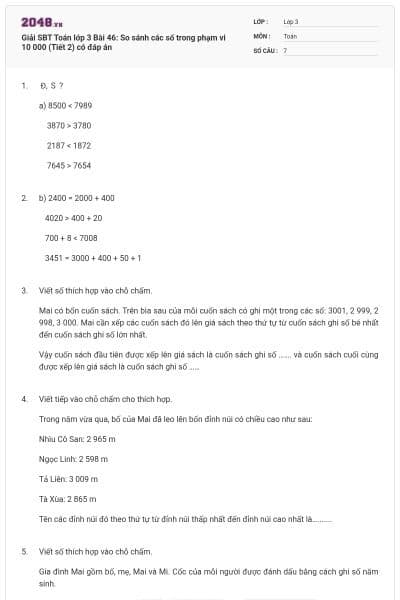 Giải SBT Toán lớp 3 Bài 46: So sánh các số trong phạm vi 10 000 (Tiết 2) có đáp án