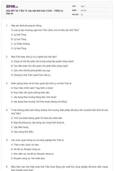 Giải SBT Sử 7 Bài 13. Đại việt thời trần (1226 - 1400) có đáp án