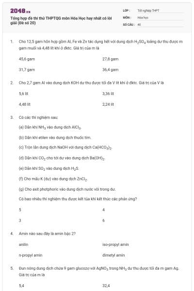 Tổng hợp đề thi thử THPTQG môn Hóa Học hay nhất có lời giải (Đề số 20)