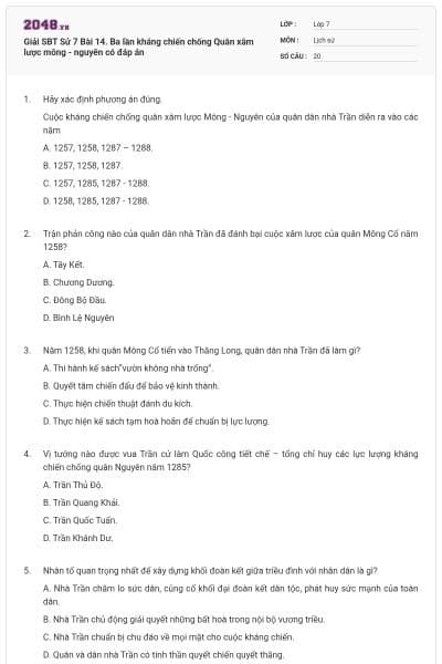 Giải SBT Sử 7 Bài 14. Ba lần kháng chiến chống  Quân xâm lược mông - nguyên có đáp án