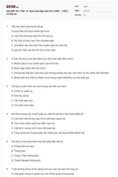 Giải SBT Sử 7 Bài 15. Nước Đại Ngu thời Hồ (1400 – 1407) có đáp án