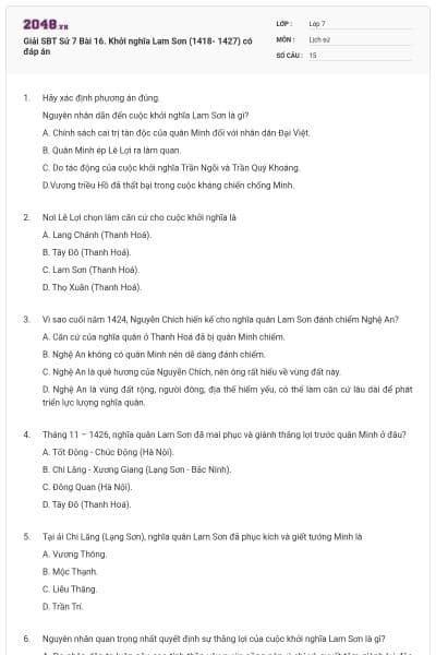 Giải SBT Sử 7 Bài 16. Khởi nghĩa Lam Sơn (1418- 1427) có đáp án