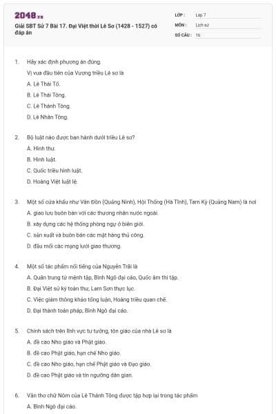 Giải SBT Sử 7 Bài 17. Đại Việt thời Lê Sơ (1428 - 1527) có đáp án