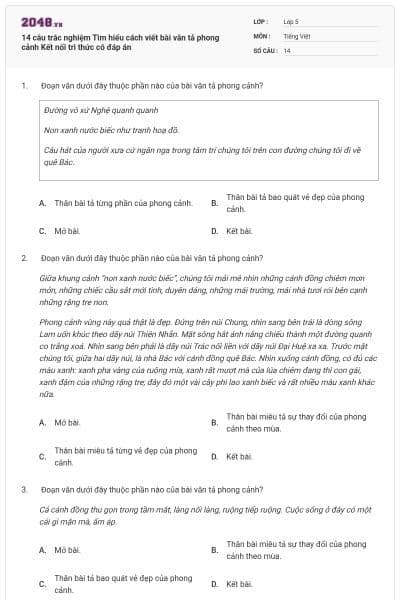 14 câu trắc nghiệm Tìm hiểu cách viết bài văn tả phong cảnh Kết nối tri thức có đáp án
