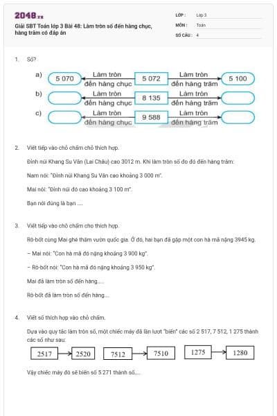 Giải SBT Toán lớp 3 Bài 48: Làm tròn số đến hàng chục, hàng trăm có đáp án