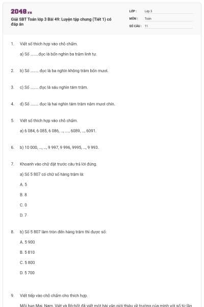 Giải SBT Toán lớp 3 Bài 49: Luyện tập chung (Tiết 1) có đáp án