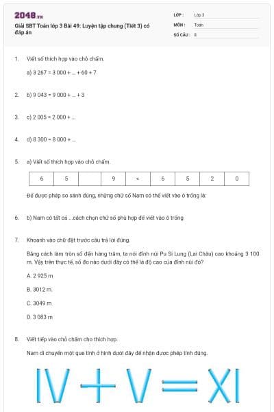 Giải SBT Toán lớp 3 Bài 49: Luyện tập chung (Tiết 3) có đáp án