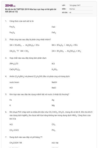 Bộ đề ôn thi THPTQG 2019 Hóa học cực hay có lời giải chi tiết (Đề số 13)
