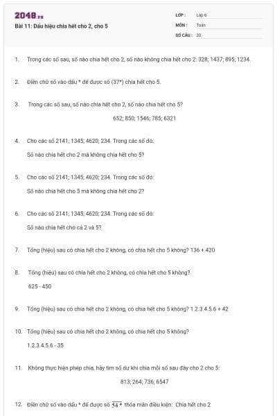 Bài 11: Dấu hiệu chia hết cho 2, cho 5