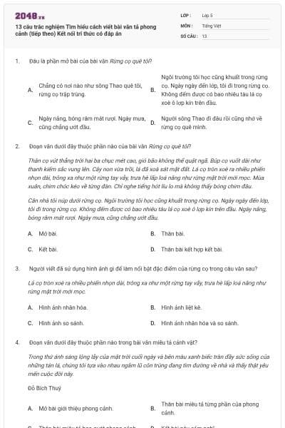 13 câu trắc nghiệm Tìm hiểu cách viết bài văn tả phong cảnh (tiếp theo) Kết nối tri thức có đáp án
