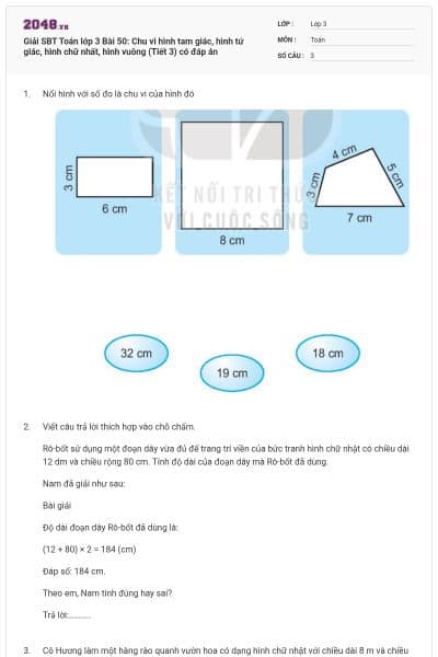 Giải SBT Toán lớp 3 Bài 50: Chu vi hình tam giác, hình tứ giác, hình chữ nhất, hình vuông (Tiết 3) có đáp án