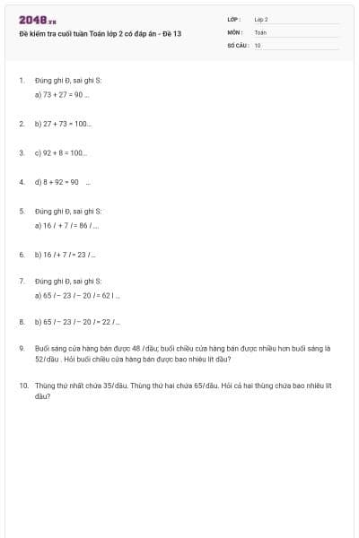 Đề kiểm tra cuối tuần Toán lớp 2 có đáp án - Đề 13