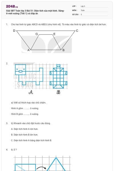 Giải SBT Toán lớp 3 Bài 51: Diện tích của một hình. Xăng-ti-mét vuông (Tiết 1) có đáp án