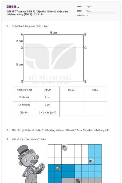 Giải SBT Toán lớp 3 Bài 52: Diện tích hình chữ nhật, diện tích hình vuông (Tiết 1) có đáp án