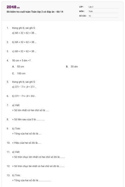 Đề kiểm tra cuối tuần Toán lớp 2 có đáp án - Đề 14