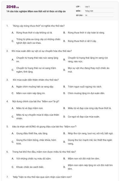 14 câu trắc nghiệm Mầm non Kết nối tri thức có đáp án