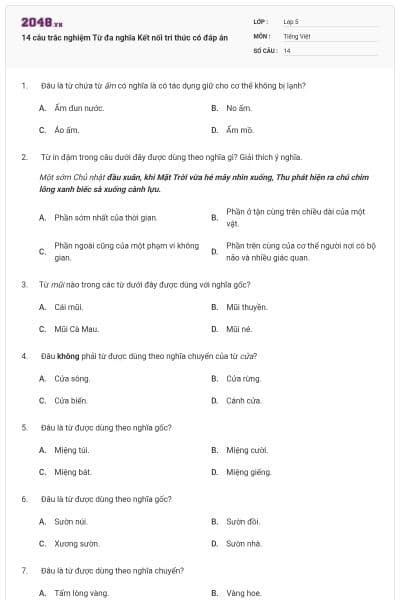 14 câu trắc nghiệm Từ đa nghĩa Kết nối tri thức có đáp án