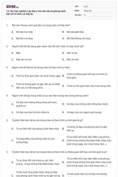 12 câu trắc nghiệm Lập dàn ý cho bài văn tả phong cảnh Kết nối tri thức có đáp án