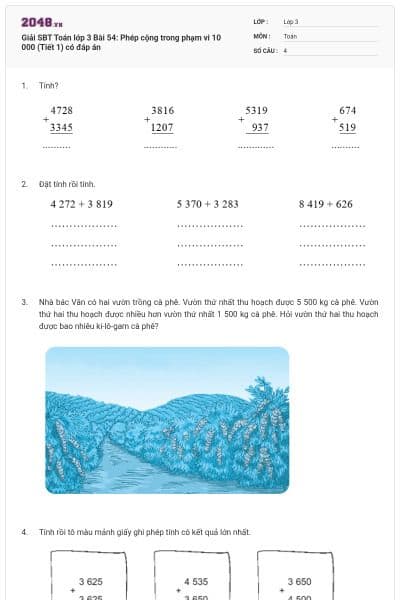 Giải SBT Toán lớp 3 Bài 54: Phép cộng trong phạm vi 10 000 (Tiết 1) có đáp án