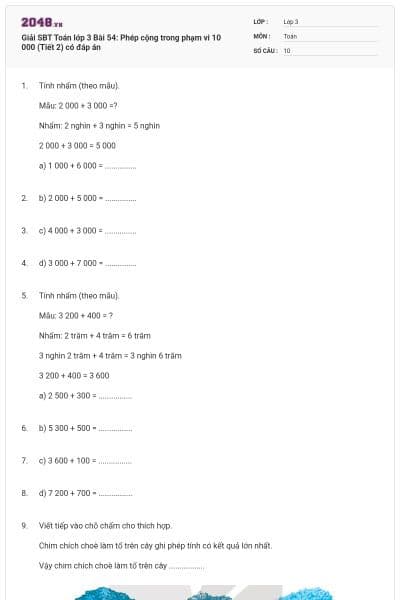 Giải SBT Toán lớp 3 Bài 54: Phép cộng trong phạm vi 10 000 (Tiết 2) có đáp án