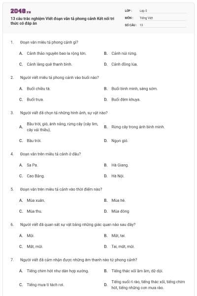 13 câu trắc nghiệm Viết đoạn văn tả phong cảnh Kết nối tri thức có đáp án