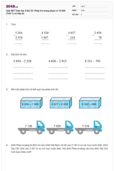 Giải SBT Toán lớp 3 Bài 55: Phép trừ trong phạm vi 10 000 (Tiết 1) có đáp án